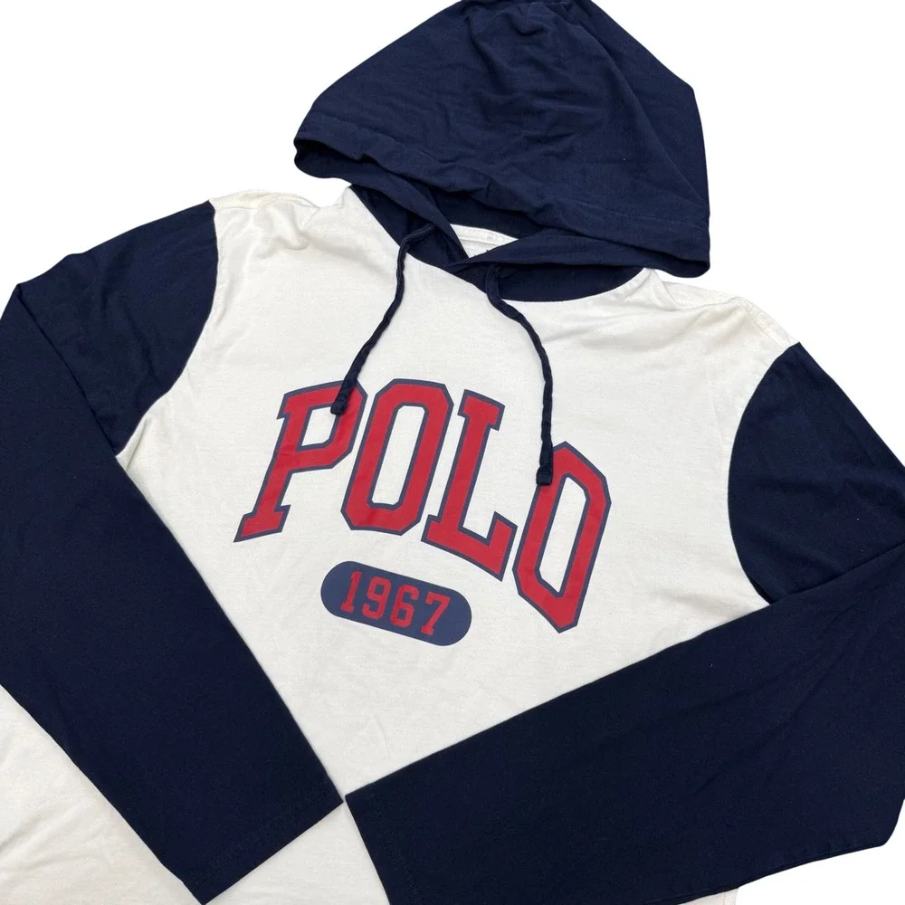 Polo Ralph Lauren Hoodie Mens Size Medium White Navy Blue Long Sleeve 1967 Shirt